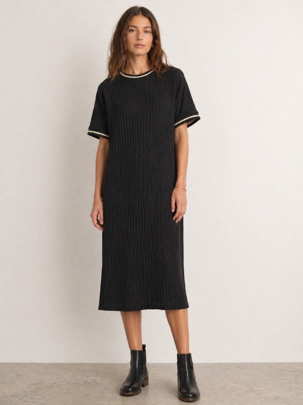 Dressed in Lala Frankie Black Ribbed Midi Dress Gold Trim Short Sleeve Small